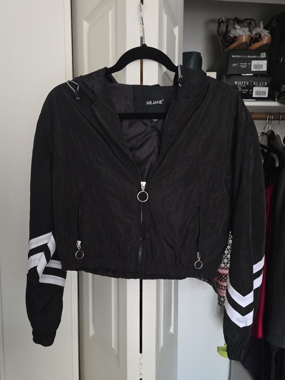 Me Jane Black Cropped Hooded Bomber Jacket with White Chevron Stripes